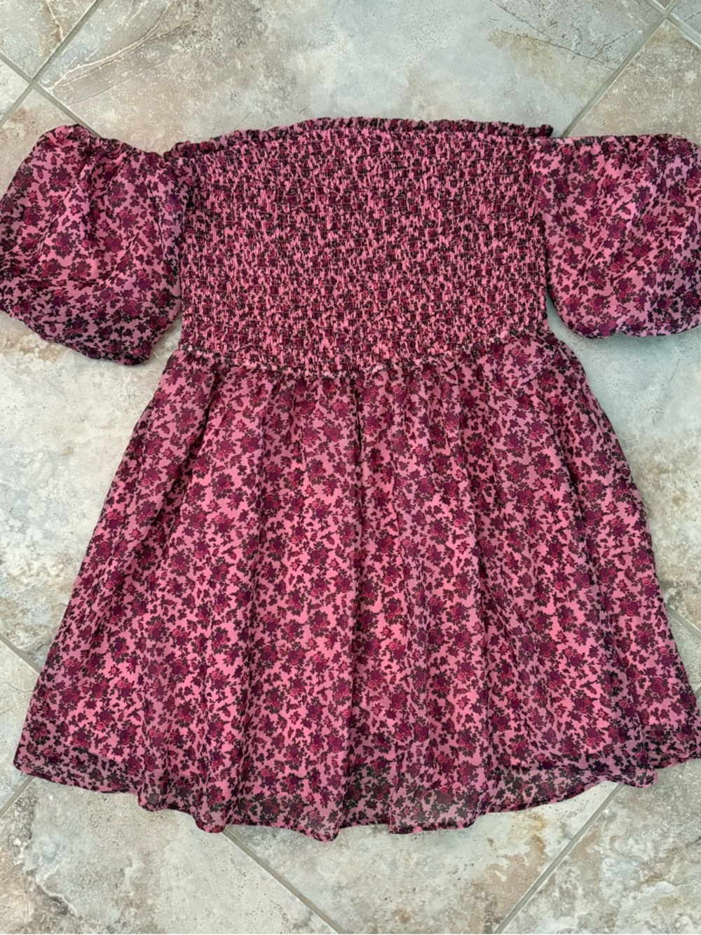 Betsey Johnson Pink Puff Sleeve Babydoll Floral Off Shoulder Dress Smocked Large